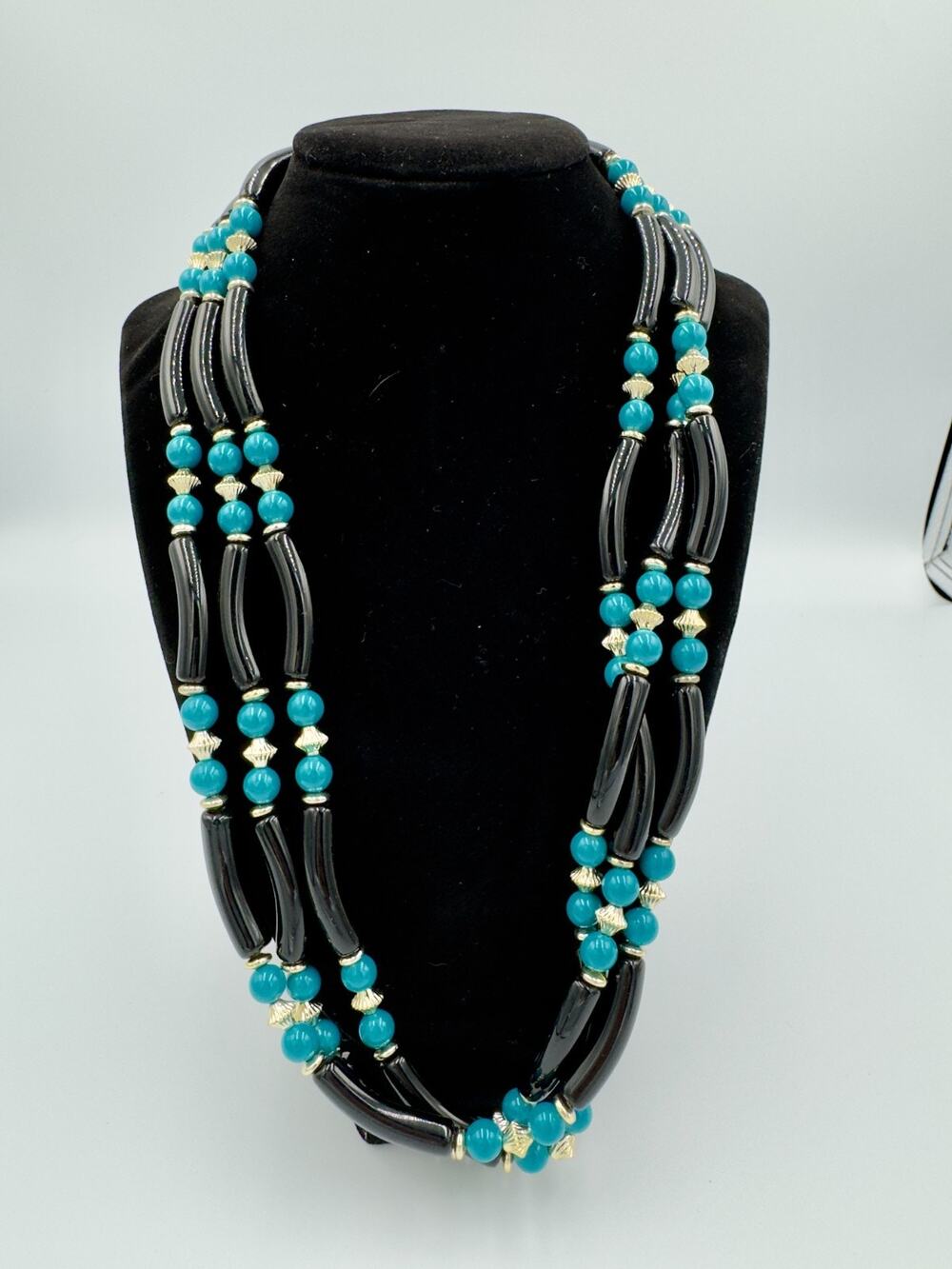 Vtg Chunky Multi Strand Turquoise Blue Black Tube Bead Necklace Art Deco Boho